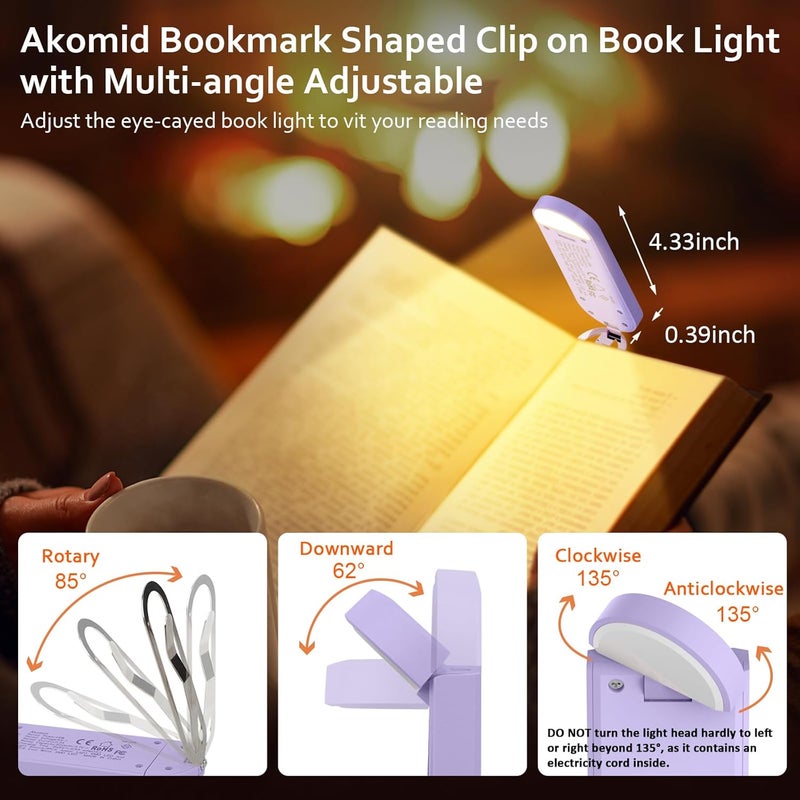Akomid USB Rechargeable Book Light for Reading in Bed, 8 LEDs Bookmark Style Clip on, Eye-Cared Amber Light Mode for Kids, Blue Light Blocking, Stepless Dimming, Purple - Image 4